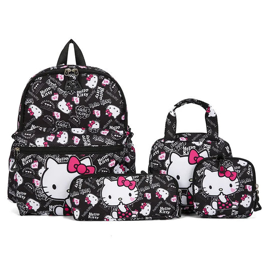 Kids Backpack Hello Kitty Kuromi Anime Print 4PCS Set for Girls 5-9 Years Old Handbag Pencil Case Wallet Pupil School Bag