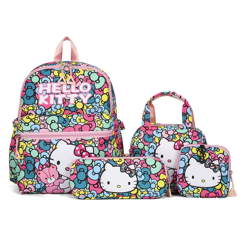 Kids Backpack Hello Kitty Kuromi Anime Print 4PCS Set for Girls 5-9 Years Old Handbag Pencil Case Wallet Pupil School Bag