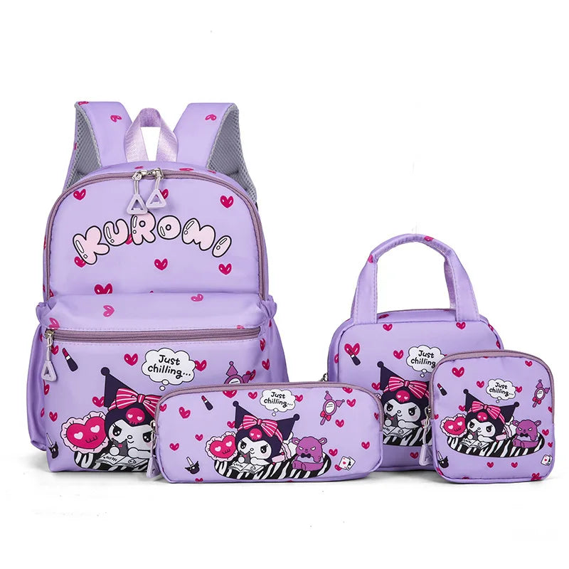 Kids Backpack Hello Kitty Kuromi Anime Print 4PCS Set for Girls 5-9 Years Old Handbag Pencil Case Wallet Pupil School Bag