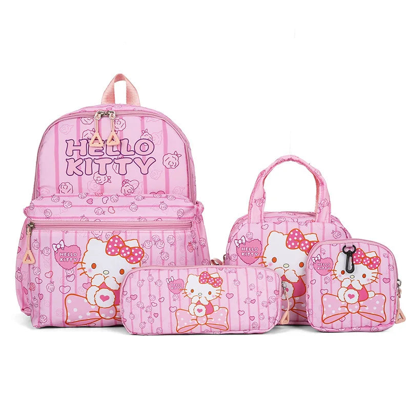 Kids Backpack Hello Kitty Kuromi Anime Print 4PCS Set for Girls 5-9 Years Old Handbag Pencil Case Wallet Pupil School Bag