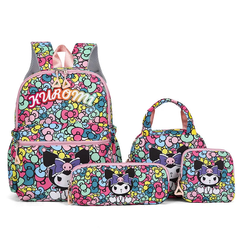 Kids Backpack Hello Kitty Kuromi Anime Print 4PCS Set for Girls 5-9 Years Old Handbag Pencil Case Wallet Pupil School Bag