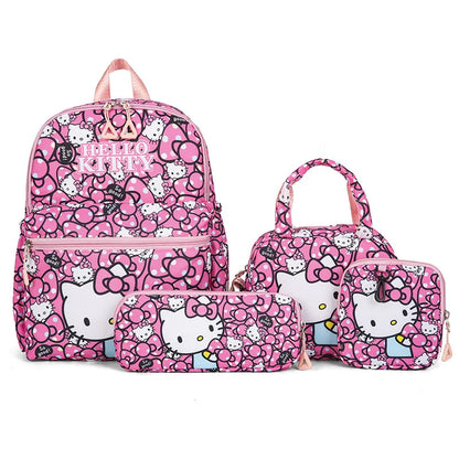 Kids Backpack Hello Kitty Kuromi Anime Print 4PCS Set for Girls 5-9 Years Old Handbag Pencil Case Wallet Pupil School Bag