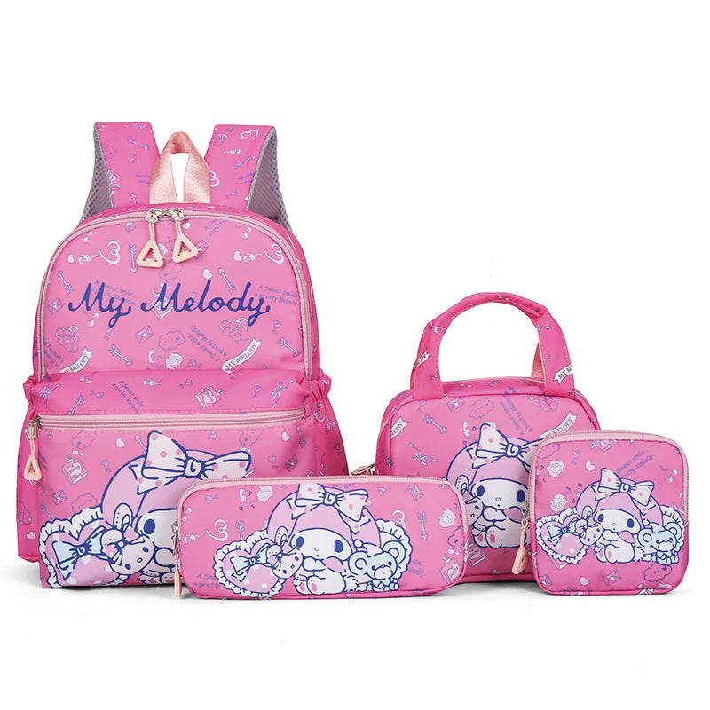 Kids Backpack Hello Kitty Kuromi Anime Print 4PCS Set for Girls 5-9 Years Old Handbag Pencil Case Wallet Pupil School Bag