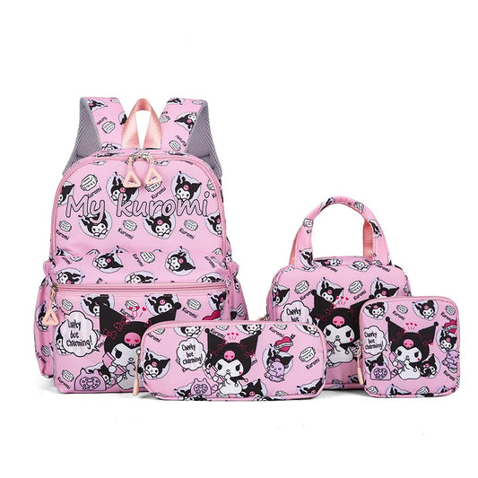 Kids Backpack Hello Kitty Kuromi Anime Print 4PCS Set for Girls 5-9 Years Old Handbag Pencil Case Wallet Pupil School Bag