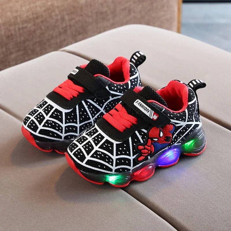 2024 New Spiderman Kids Sneakers Disney Children'S Led Light Shoes Spring and Autumn Boys Sport Shoes Anti-Slip Girls Shoes