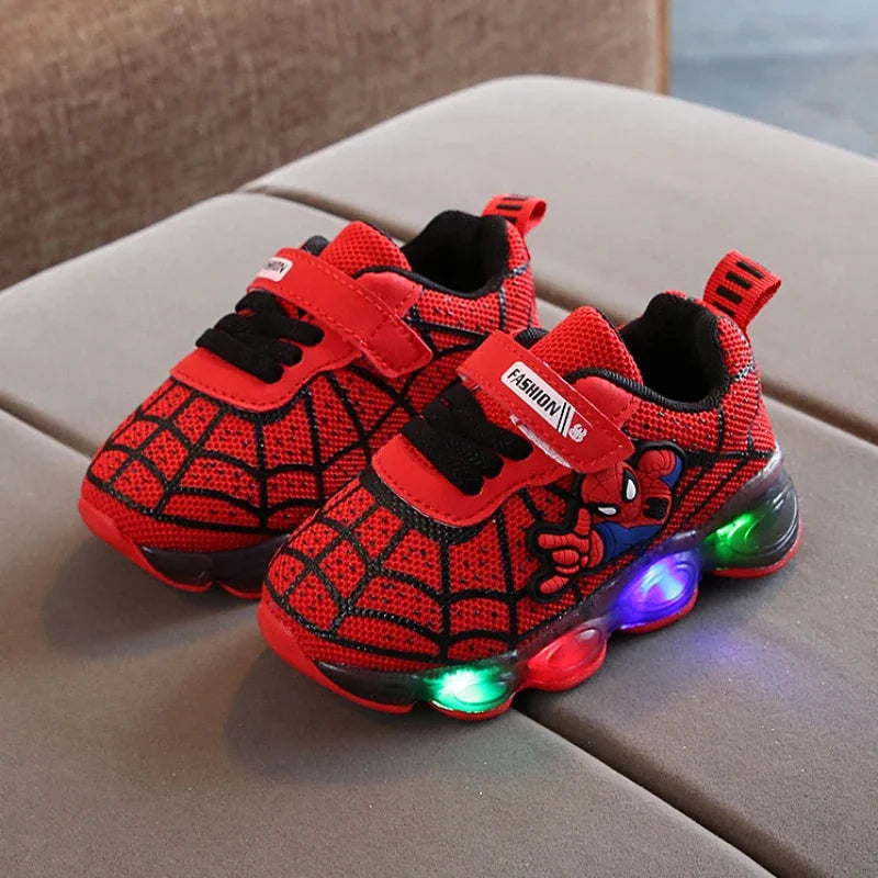 2024 New Spiderman Kids Sneakers Disney Children'S Led Light Shoes Spring and Autumn Boys Sport Shoes Anti-Slip Girls Shoes