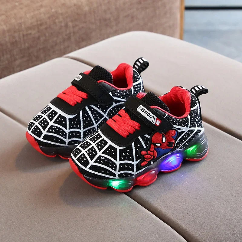 2024 New Spiderman Kids Sneakers Disney Children'S Led Light Shoes Spring and Autumn Boys Sport Shoes Anti-Slip Girls Shoes