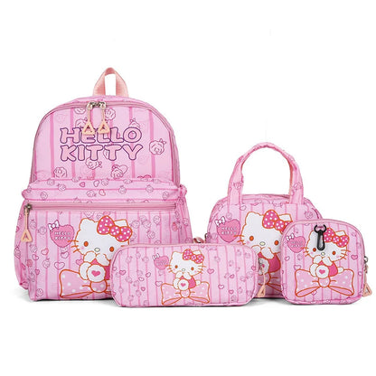 Kids Backpack Hello Kitty Kuromi Anime Print 4PCS Set for Girls 5-9 Years Old Handbag Pencil Case Wallet Pupil School Bag