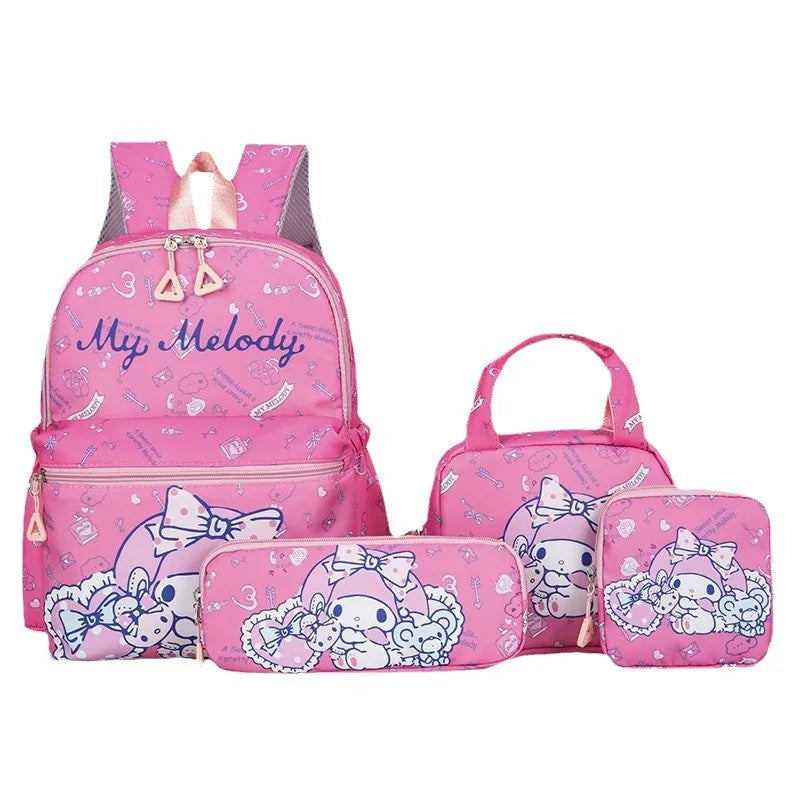 Kids Backpack Hello Kitty Kuromi Anime Print 4PCS Set for Girls 5-9 Years Old Handbag Pencil Case Wallet Pupil School Bag